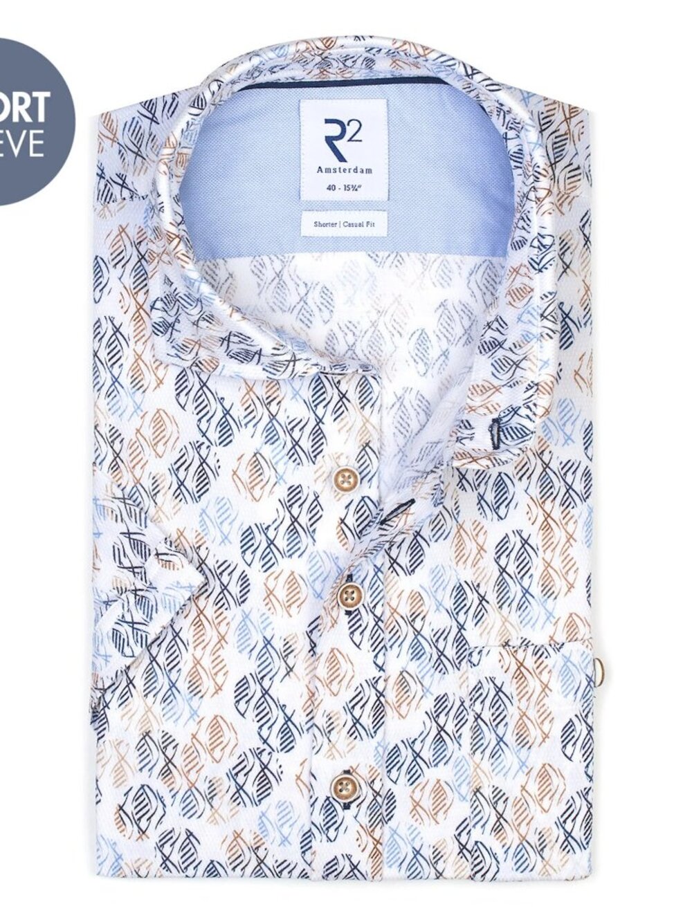 R2 Amsterdam White Abstract Fish Print Short Sleeve Button Up/3702